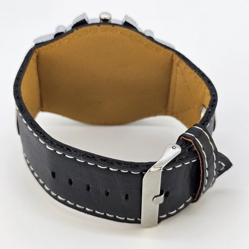 50MM Men's Analog Watch Black Dial Black Faux Wide Leather Bands New Battery